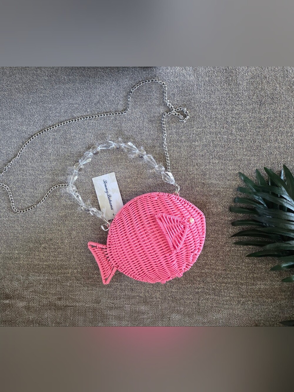 Tommy Bahama Tik Tok Famous Pink Wicker Fish Bag with Crystal Beaded Handle NWT